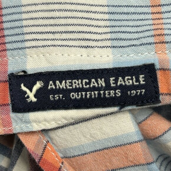 AMERICAN EAGLE XL Seriously Soft Plaid Button Down Shirt Coral Blue Cotton SS - Picture 4 of 10